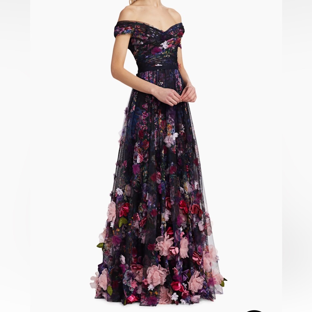 MARCHESA NOTTE 3D Floral Embroidered Tulle Gown BLACK. Size 10.